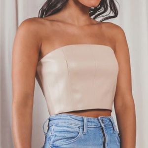 Cream Strapless Faux Leather Crop Top